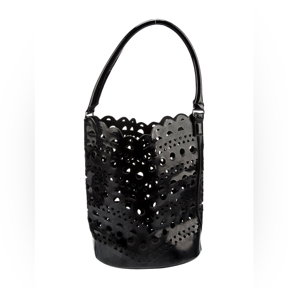 Like new Neiman Marcus Patent Leather Laser Cut Bucket Bag